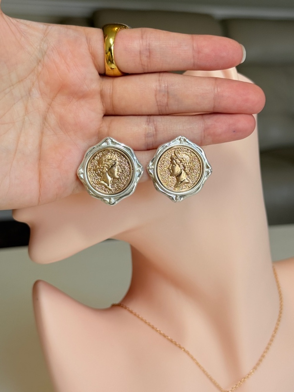 Gold and Silver Coin Medallion Earrings - Picture 10 of 10